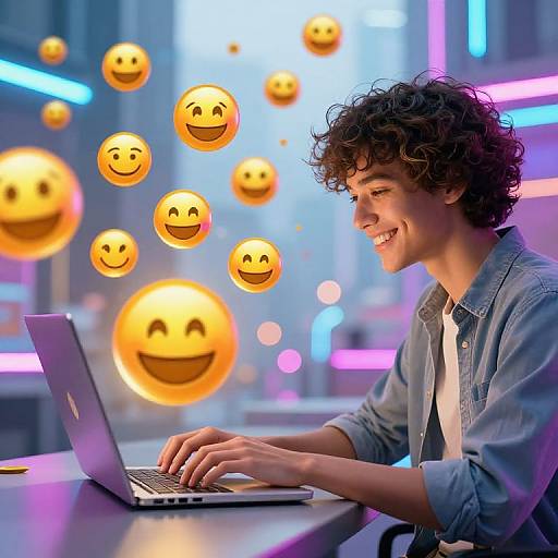Photograph of curly-haired, smiling teenage boy in denim shirt typing on laptop, surrounded by floating emoji faces in neon-lit background.