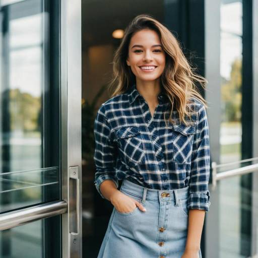 Young Woman in Plaid Shirt and Denim Skirt