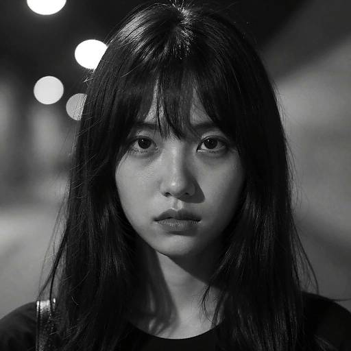 Black-and-white photograph of an Asian woman with long, dark hair and bangs, staring intently into the camera, illuminated by blurred street lights in