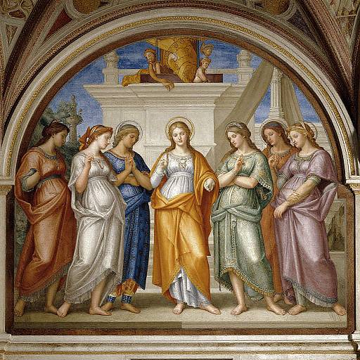 Renaissance painting of Virgin Mary in center, surrounded by six angels in colorful robes, haloed, in front of classical architectural backdrop.