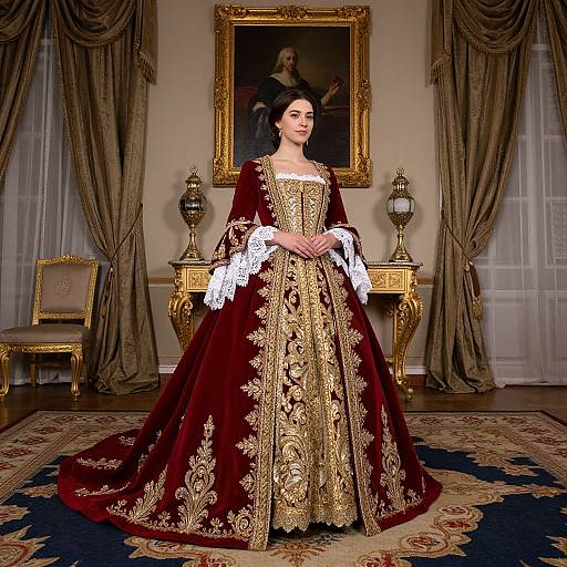 Photograph of a woman in an elaborate, red and gold Renaissance-style gown with white lace cuffs, standing in a grand room with gold furnishings and a