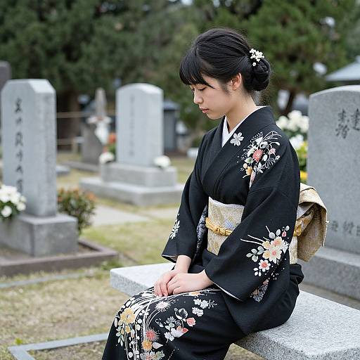 Photograph of a young Japanese woman in a black floral kimono, sitting on a gravestone in a serene cemetery, with blurred tombstones and trees