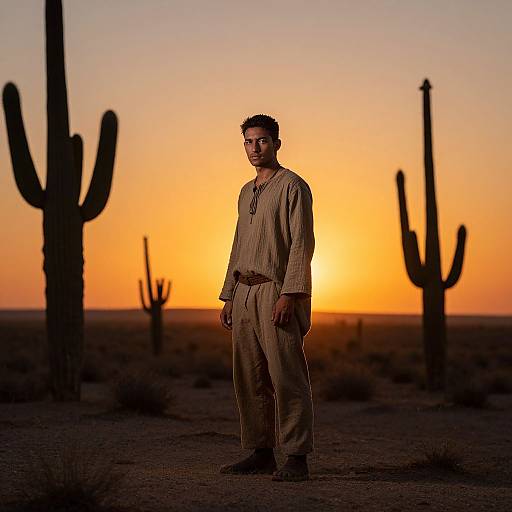 Photograph of a man in beige traditional attire standing in a desert at sunset, silhouetted by tall cacti against a vibrant orange sky