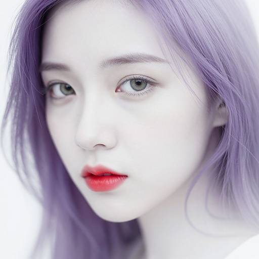 Photograph of a pale-skinned woman with striking lavender hair, blue eyes, and vibrant red lips, set against a white background.