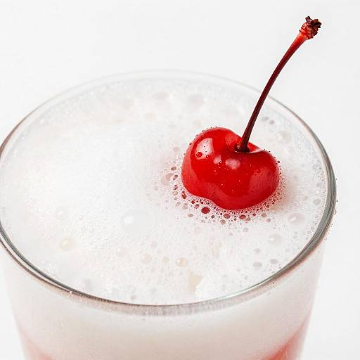 Photograph of a bright red cherry with a dark brown stem, floating in a clear glass filled with milk and bubbles, against a white background.
