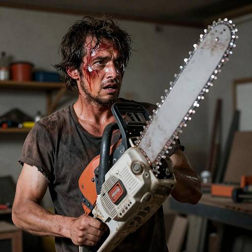 Panicked Mechanic with Bloodied Chainsaw