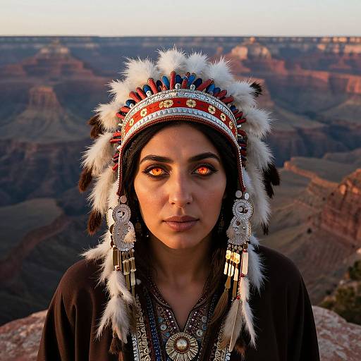 Photograph of a woman with glowing red eyes, wearing a Native American-style headdress with feathers and beads, against a Grand Canyon sunset backdrop.