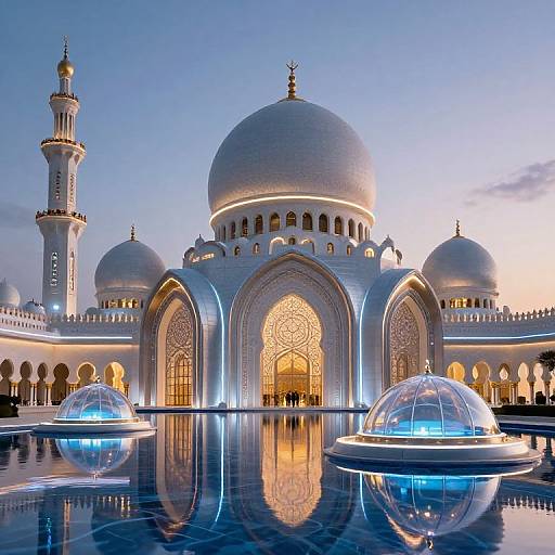 Photograph of a majestic, illuminated white mosque with three domes, a minaret, and two glowing, blue-lit glass domes in a