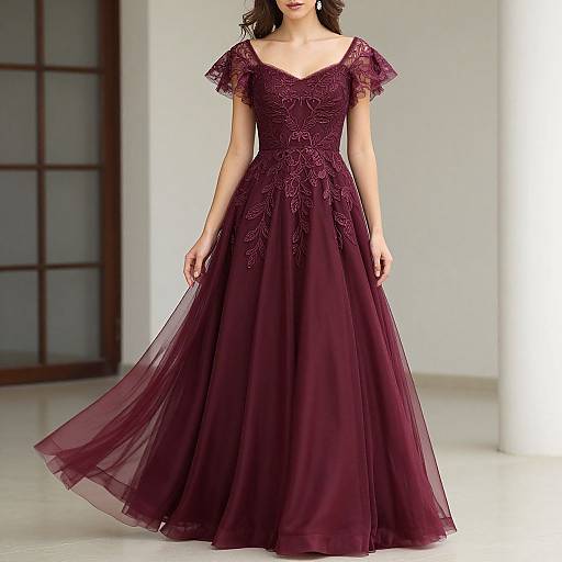 Photograph of a woman in an elegant, deep purple, lace and tulle gown with short, sheer sleeves, walking indoors.