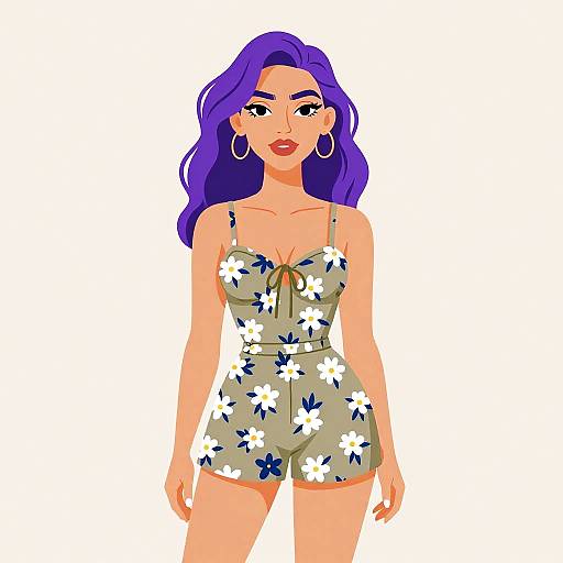 Digital illustration of a woman with vibrant purple hair, wearing a beige, floral romper with white and blue flowers, large hoop earrings, and red lipstick
