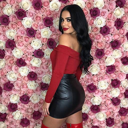 Woman in Red Fashion Against Floral Wall