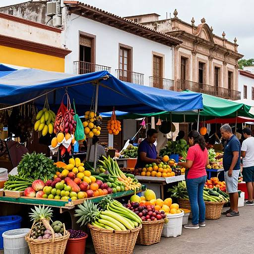 Vibrant outdoor market with colorful fruits, bananas, and baskets under blue and green canopies, set against historic white and beige buildings. Photograph.