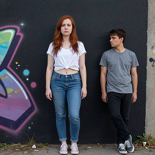 Photograph of a red-haired woman in a white tied shirt and jeans, standing next to a dark-haired man in a gray tee and black pants,