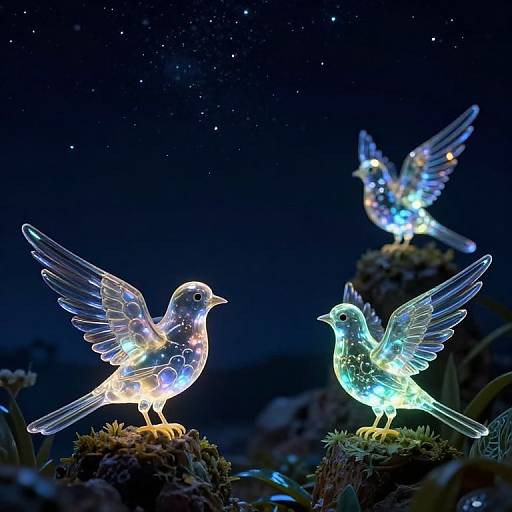 Photograph of glowing, neon-colored bird-shaped LED lights with transparent wings, standing on mossy rocks under a starry night sky.
