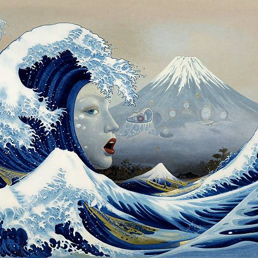 Digital artwork of a surreal, pale-skinned female face with red lips emerging from blue ocean waves, with Mount Fuji and floating bubbles in the background.