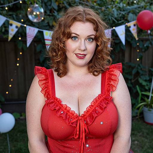 Photograph of a curvy, fair-skinned woman with red curly hair, wearing a red, ruffled, low-cut dress, standing outdoors with