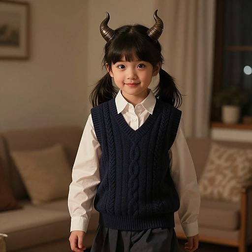 Photograph of an Asian girl with black hair, wearing devil horns, a white shirt, and navy sweater vest, smiling in a cozy living room.