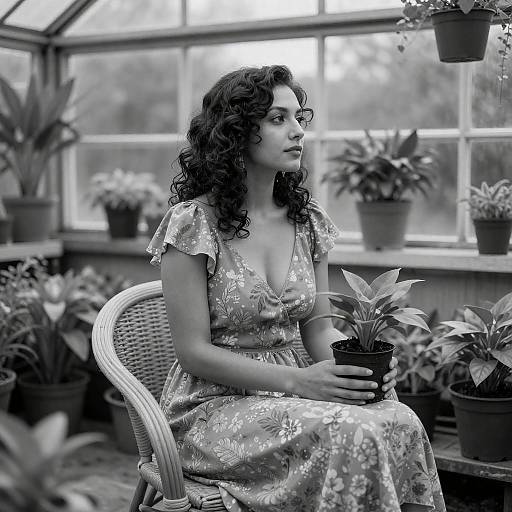 Woman in Floral Dress in Greenhouse