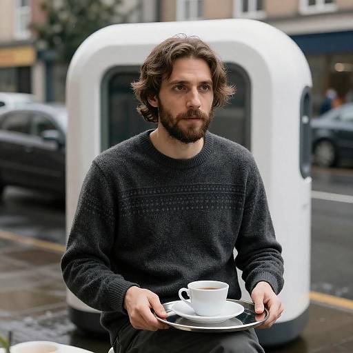 Man Holding Tray Near Futuristic Machine