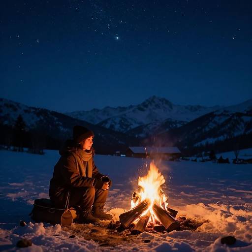 Photograph of a person in winter clothing sitting by a glowing campfire in a snowy mountain night, under a starry sky.