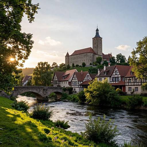 Photograph of a picturesque medieval town with half-timbered houses, a stone bridge, and a castle on a hill at sunset.
