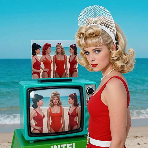 Photograph of a blonde woman in a red swimsuit and white mesh headband, standing by a vintage TV showing four women in red swimsuits on