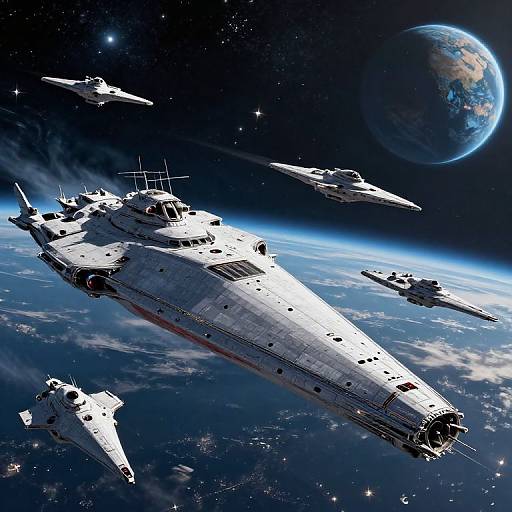Photorealistic digital artwork of a white, triangular space battleship with four smaller ships, flying above Earth in a starry, deep space backdrop.