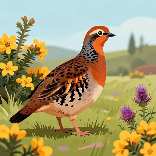 Digital illustration of a colorful quail with orange-red head, black-spotted chest, and brown wings, standing in a vibrant field of yellow flowers and