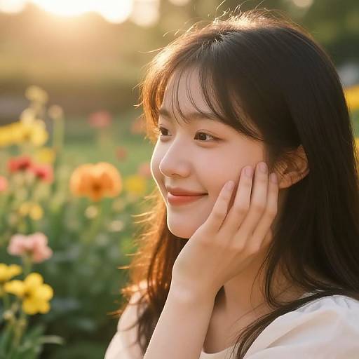 Photograph of a smiling Asian woman with long black hair, touching her cheek, wearing a white top, surrounded by colorful flowers at sunset.