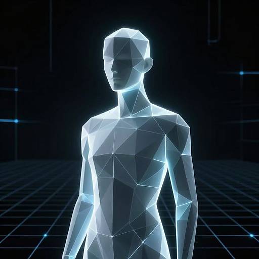 CGI digital art of a glowing, white, wireframe human figure with geometric facets, standing against a dark, grid-patterned background.