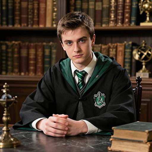 Photograph of a young man with short brown hair, wearing a Hogwarts school uniform, sitting at a desk in a library, hands clasped, book
