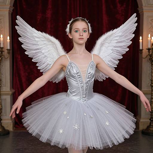Photograph of a fair-skinned, slender ballet dancer with white angel wings, wearing a silver corset and white tulle tutu, posed gracefully