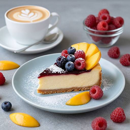 Photograph of a slice of creamy cheesecake with blueberries, raspberries, and mango, on a white plate beside a cup of foamy coffee