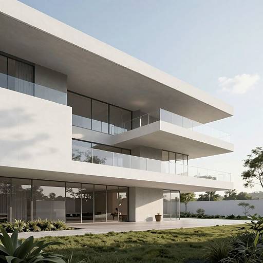 Photograph of a modern, white, multi-level house with large glass windows and balconies, surrounded by lush greenery and a clear sky.