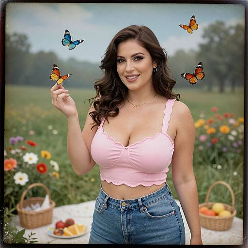 Photograph of a smiling brunette woman with wavy hair, large breasts, wearing a pink crop top and blue jeans, holding a butterfly, surrounded by