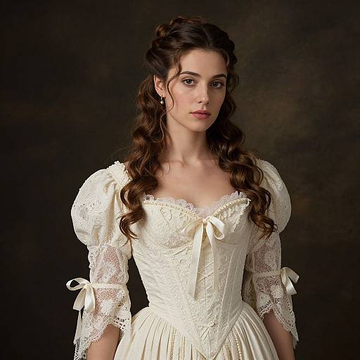 Photograph of a fair-skinned woman with long, wavy brown hair, wearing a white, lace, puffed-sleeve Victorian-style dress