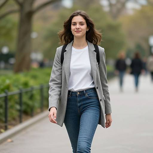 Photograph of a smiling young woman with shoulder-length brown hair, wearing a grey blazer, white shirt, and blue jeans, walking on a wet