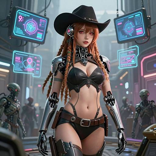 Digital art of cybernetic cowgirl with orange braids, black leather outfit, metallic arms, and hat, surrounded by neon-lit futuristic city