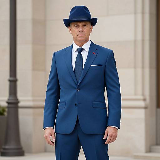 Photograph of mature man in sharp blue suit, white shirt, black tie, and matching blue fedora, standing in front of stone building.