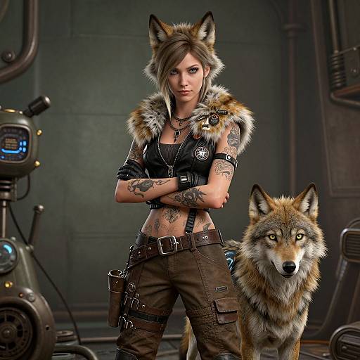 Digital art of a tattooed, brown-haired woman with fox ears and fur vest, standing with a wolf by her side in a steampunk lab