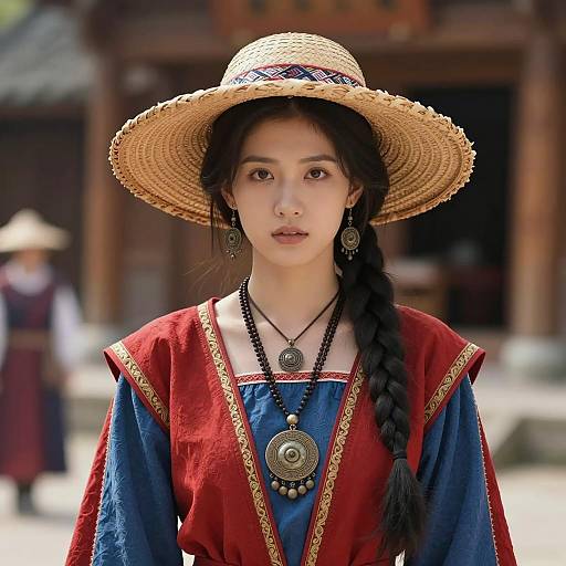 Woman in Traditional Red and Blue Outfit with Straw Hat