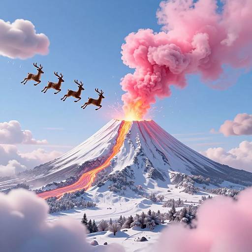 Photorealistic digital art: Volcano erupting with bright orange lava and pink smoke, snow-covered landscape, four reindeer flying in formation above.