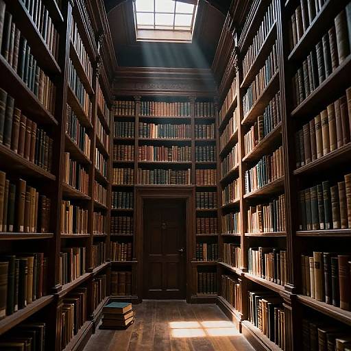 Photograph of a dimly lit, narrow library aisle with tall, wooden bookshelves filled with leather-bound books, sunlight streaming through a skyl