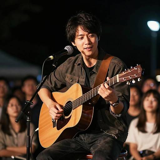 Photograph of an Asian male singer with black hair, wearing a black shirt, playing an acoustic guitar on stage, microphone in front, audience blurred in