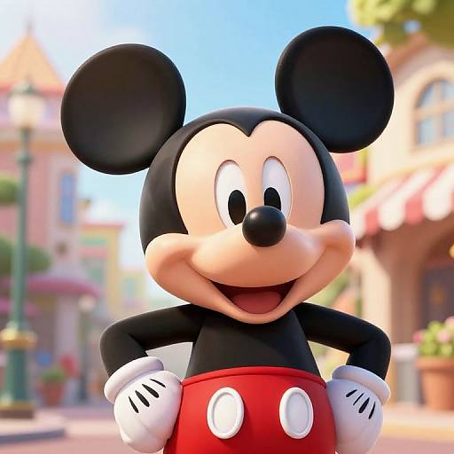 CGI image of Mickey Mouse, smiling with hands on hips, wearing red shorts with white buttons, black ears, and white gloves, in a sunny