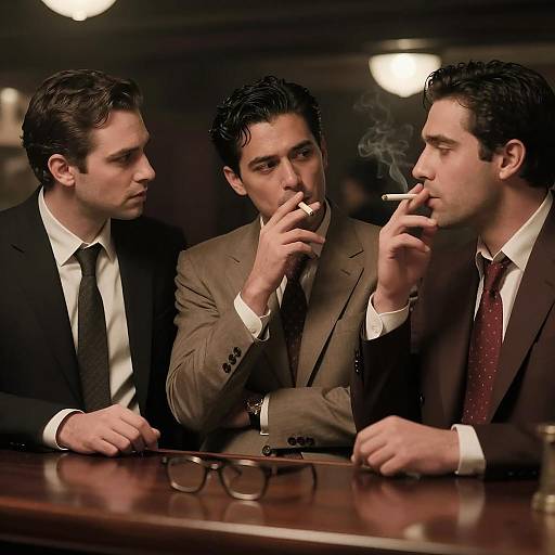 Three Men Smoking in Dimly Lit Bar