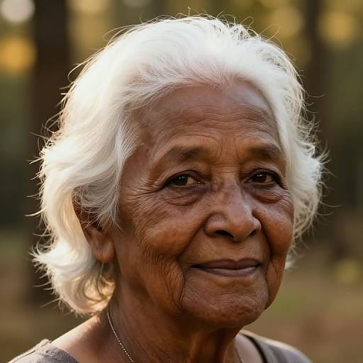 Close-up photograph of an elderly Indian woman with white, curly hair, wrinkled brown skin, and a gentle smile, standing in a sunlit forest