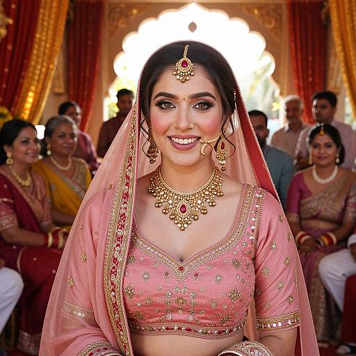 Photograph of a smiling South Asian bride in a pink embroidered saree and gold jewelry, standing in a decorated hall with guests.