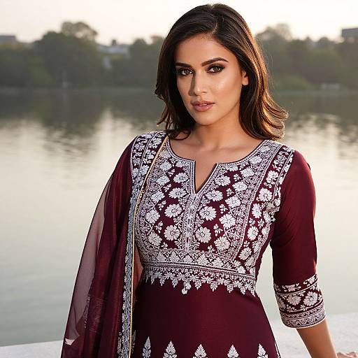 Photograph of a beautiful Indian woman with medium brown skin, dark brown hair, and brown eyes, wearing an intricately embroidered maroon traditional kame