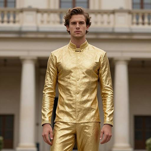 Photograph of a young Caucasian man with wavy brown hair, wearing a shiny, gold metallic long-sleeve suit, standing in front of an